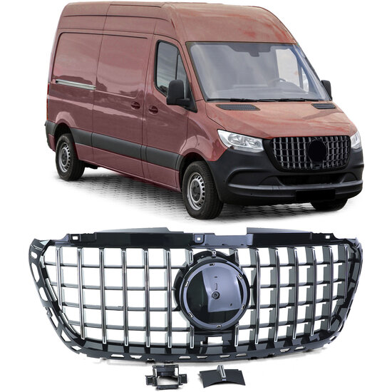 Glanzend zwarte grill met chromen accenten passend voor Mercedes Sprinter W907 model vanaf 2018 