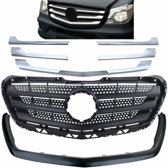 Grille zwart met chromen spijlen passend voor Mercedes Sprinter W906 model 2013 - 2018