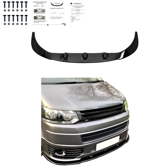 Glanzend zwarte frontlip passend voor VW Transporter T5 model 2010 - 2015 met sportline voorbumper