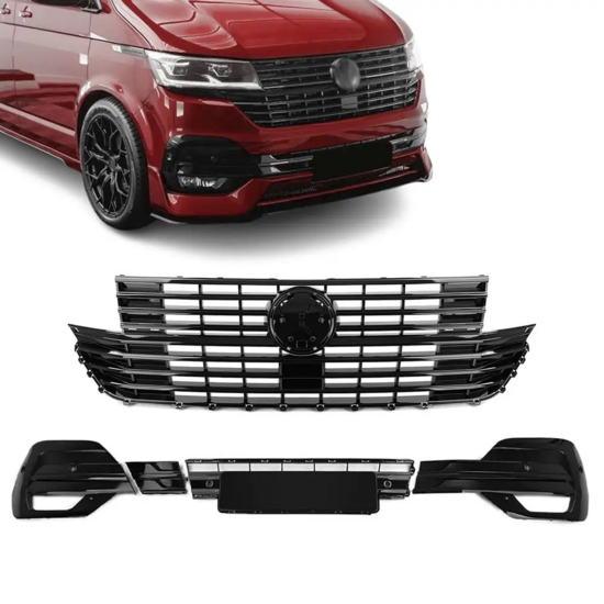 Glanzend zwart gril met glanzend zwarte bumper grillen passend voor VW Transporter T6.1 met zes parkeersensoren