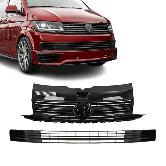 Glanzend zwarte grillen set met logo uitsparing passend voor VW Transporter T6 zonder parkeersensoren model 2015 - 2019 