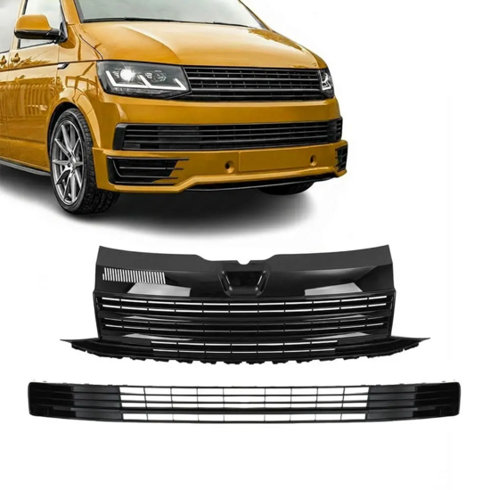 Glanzend zwarte grillen set zonder logo uitsparing passend voor VW Transporter T6 zonder parkeersensoren model 2015 - 2019