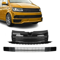 Glanzend zwarte grillen set zonder logo uitsparing passend voor VW Transporter T6 zonder parkeersensoren model 2015 - 2019